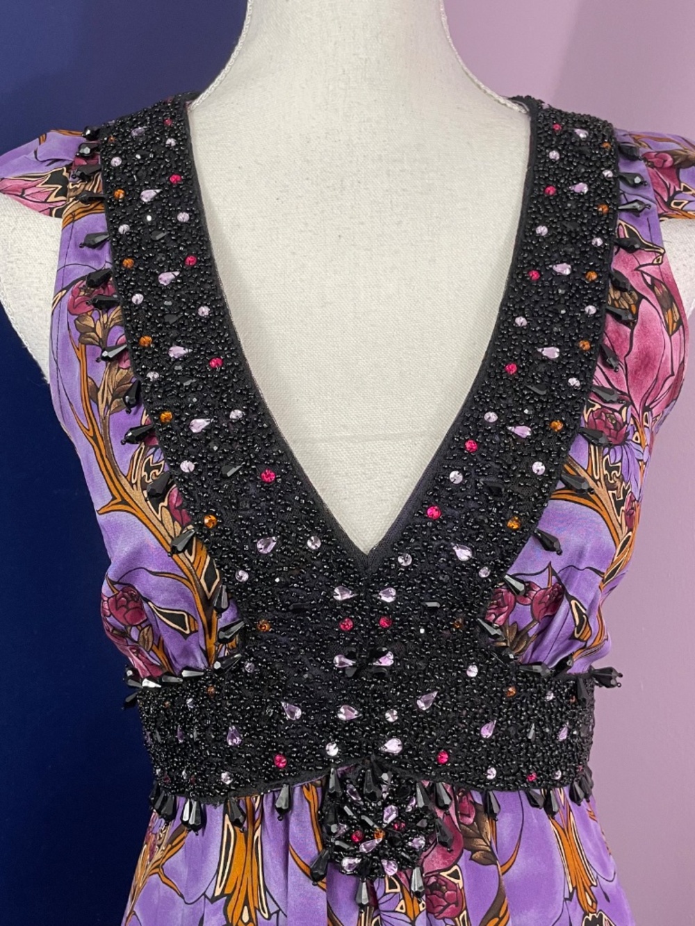 Tracy Reese 100% Silk Dress 6 Y2K Rhinestone Jeweled Floral Empire Waist Purple - Picture 4 of 14